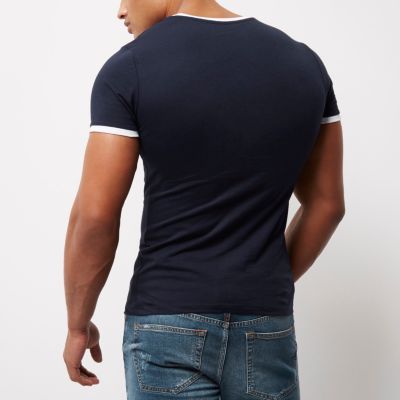 Navy blue tipped collar muscle fit T-shirt